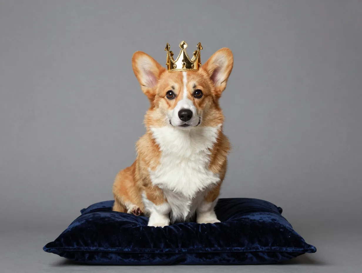 Corgi puppy sitting formally wearing a tiny golden crown