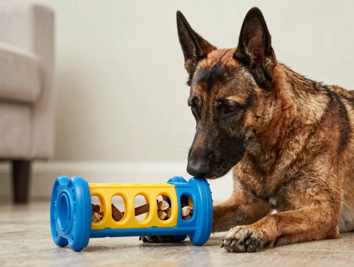 Malinois solving complex puzzle feeder for mental enrichment