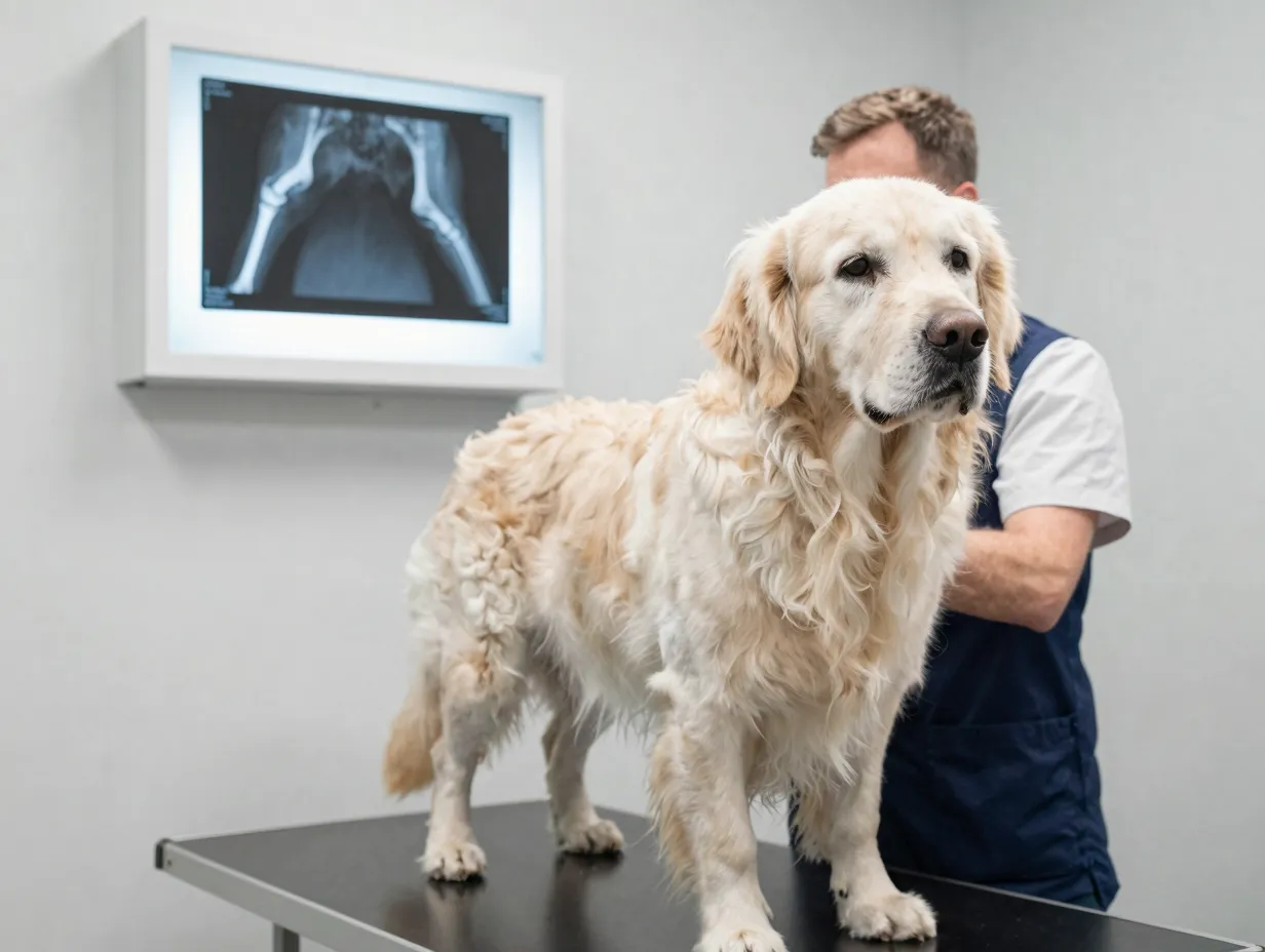 Senior cream golden retriever at vet with hip xray