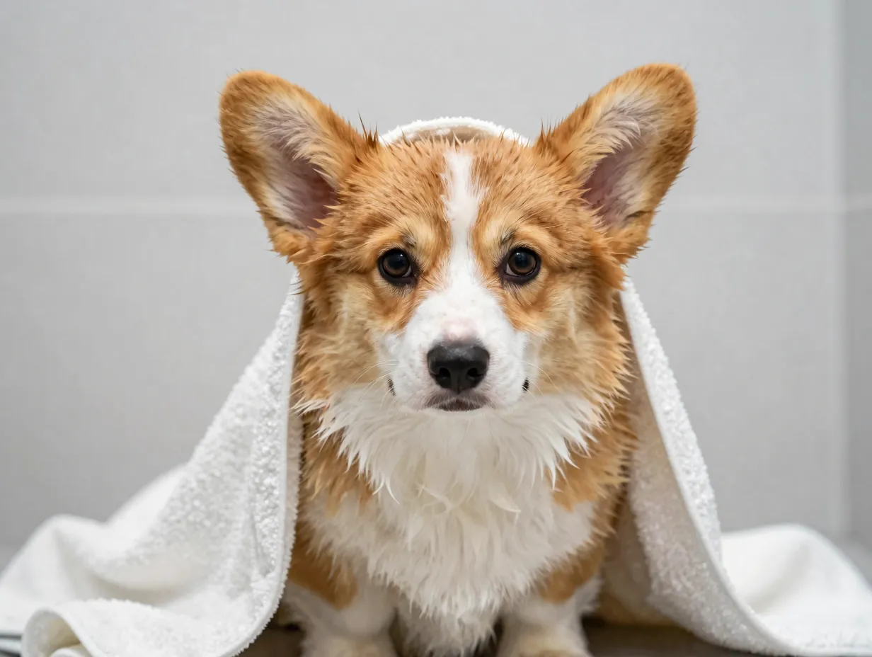 Fluffy damp corgi puppy towel dried after bath time