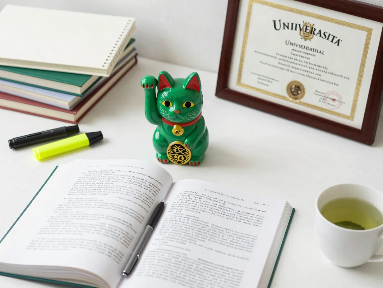 Green maneki neko with textbooks and diploma on desk