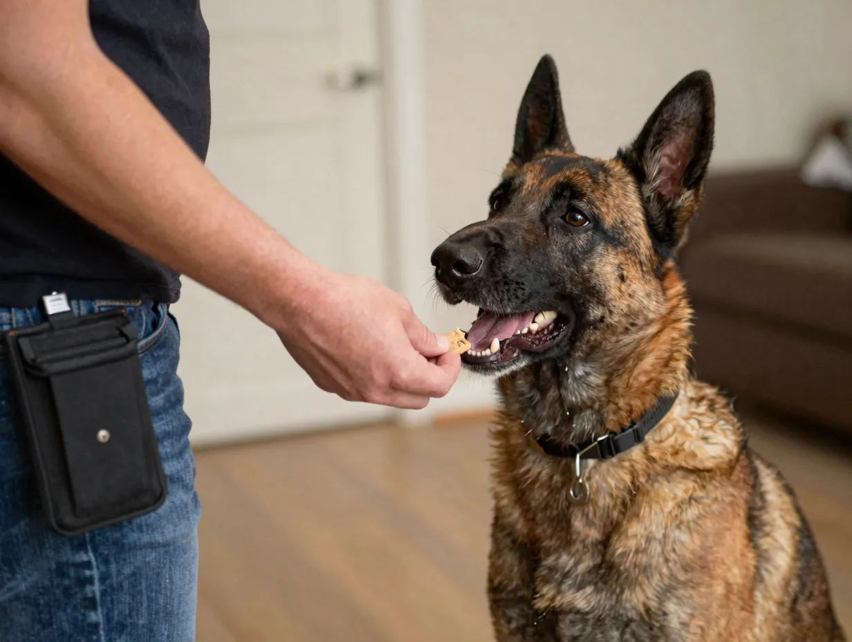 Short positive reinforcement training session with malinois treats