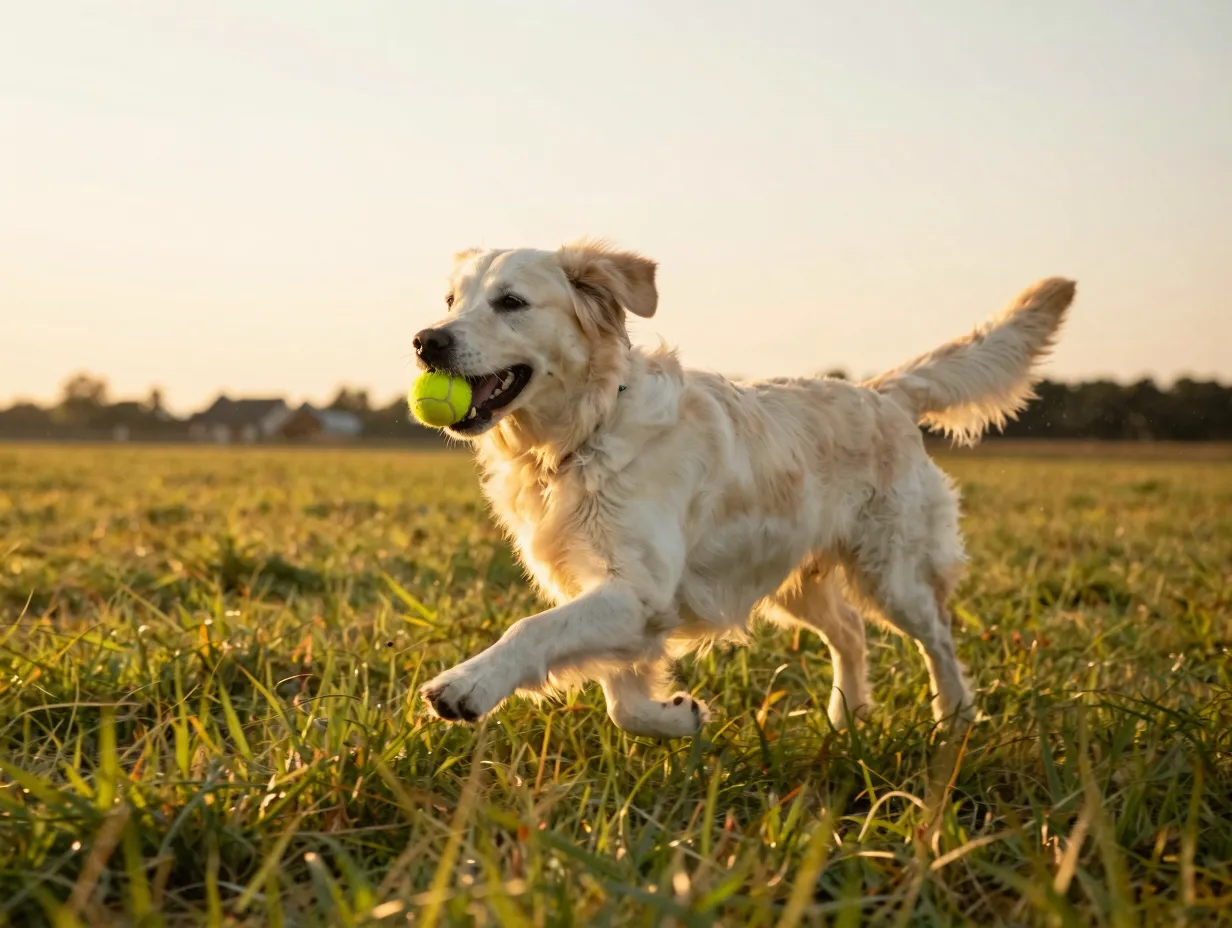 Young cream golden retriever running with ball at sunset