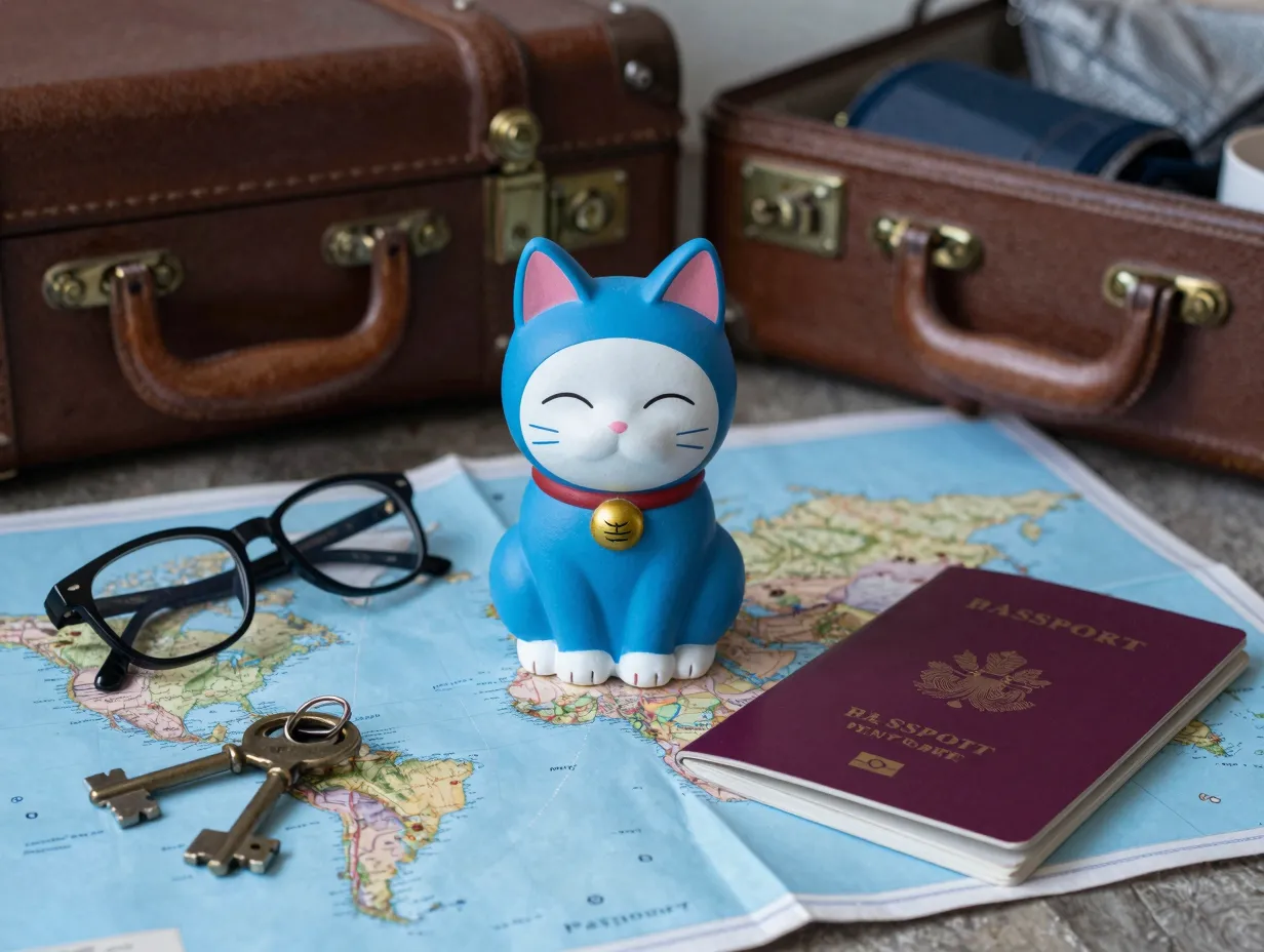 Blue maneki neko on map with passport and suitcase