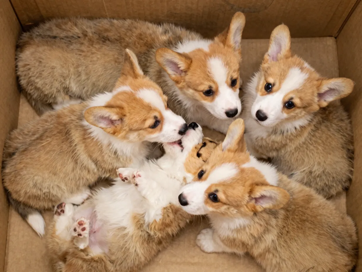 Pile of three squirming orange and white corgi puppies