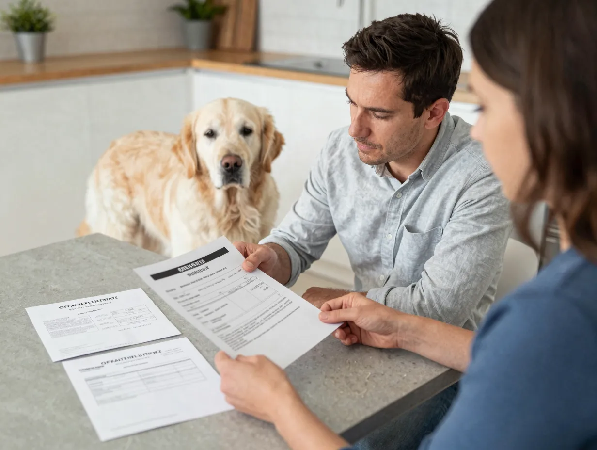 Breeder showing health certificates to buyer at home
