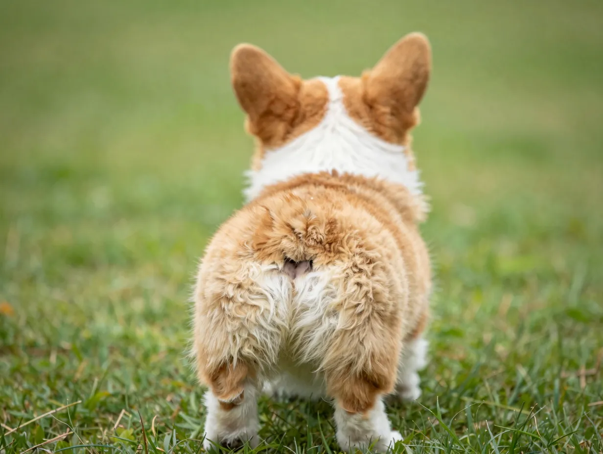Corgi puppy rear view showing its round fluffy wiggling butt