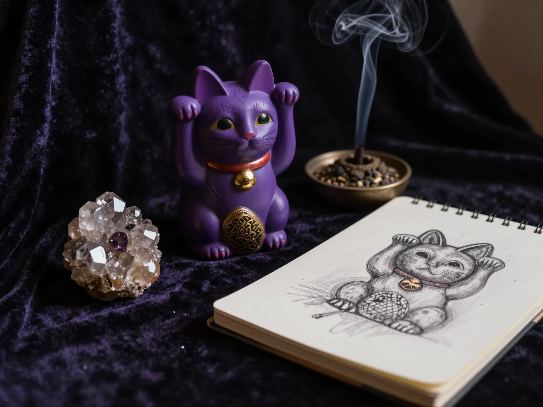 Purple maneki neko with crystal and incense on velvet