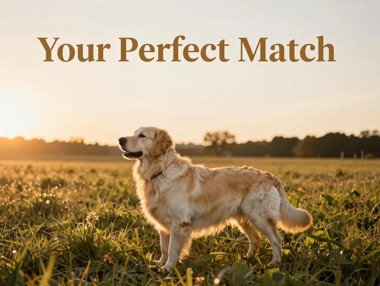 Luxurious cream coated golden retriever dog in sunlit field