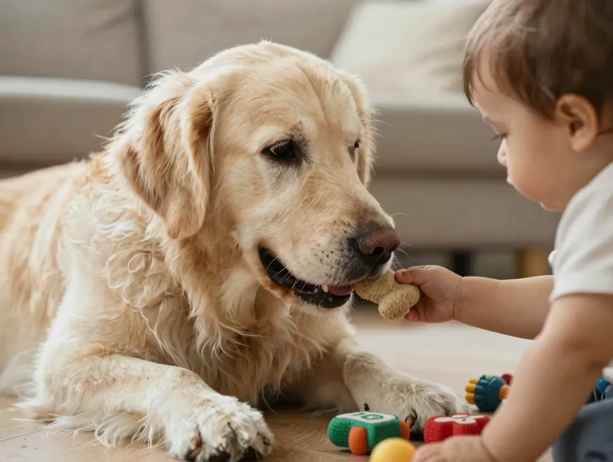 English cream golden retriever gently interacting with toddler on living room floor