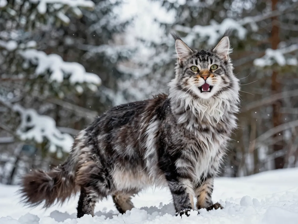 Maine coon cat stands in snowy winter forest with water resistant coat