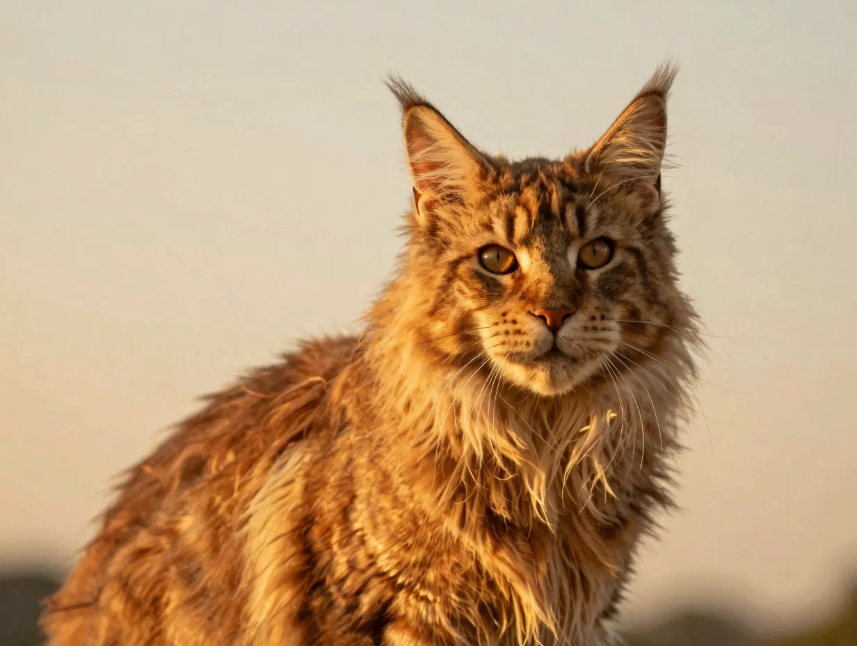 Regal maine coon in golden hour light baroque style oil painting