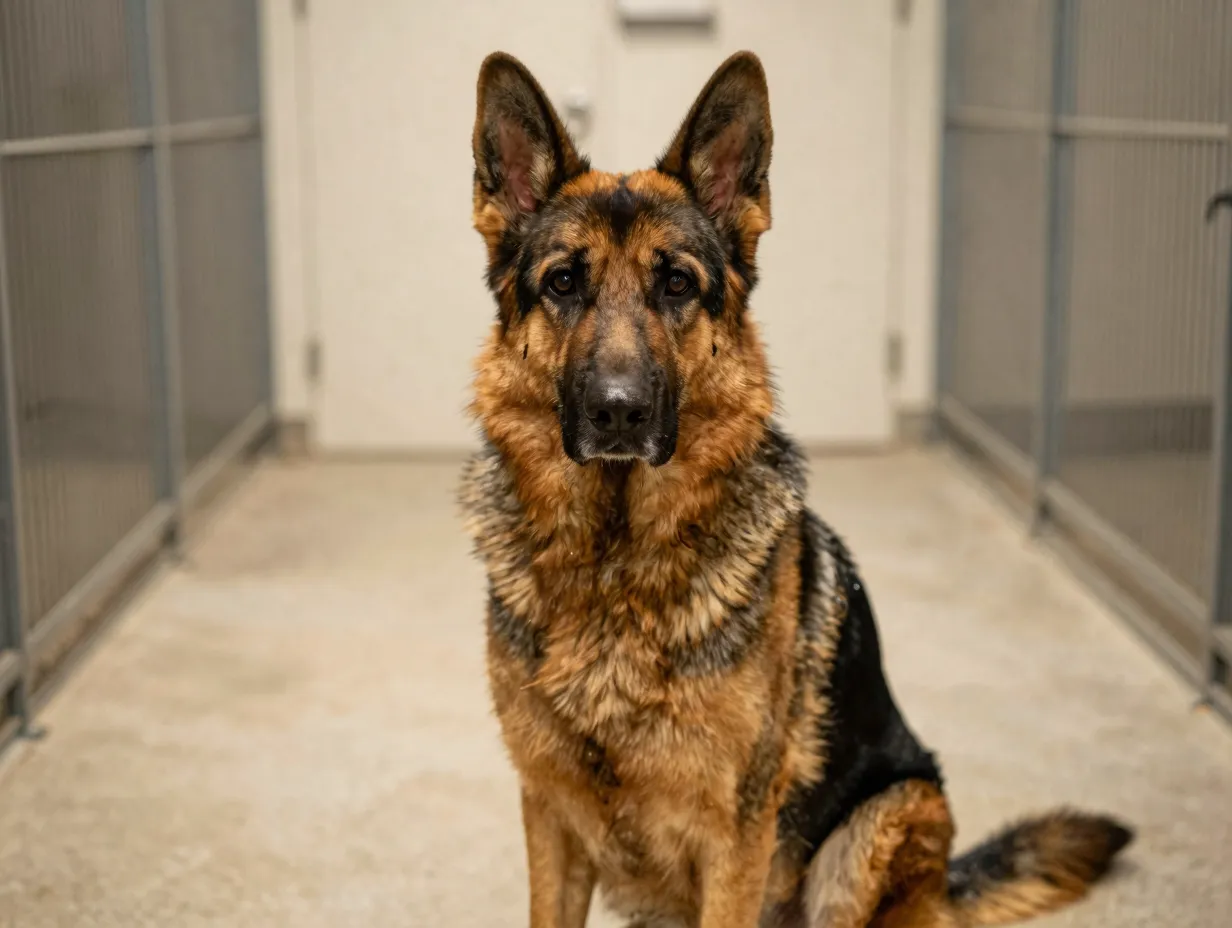 Thor the purebred german shepherd sitting calmly for adoption
