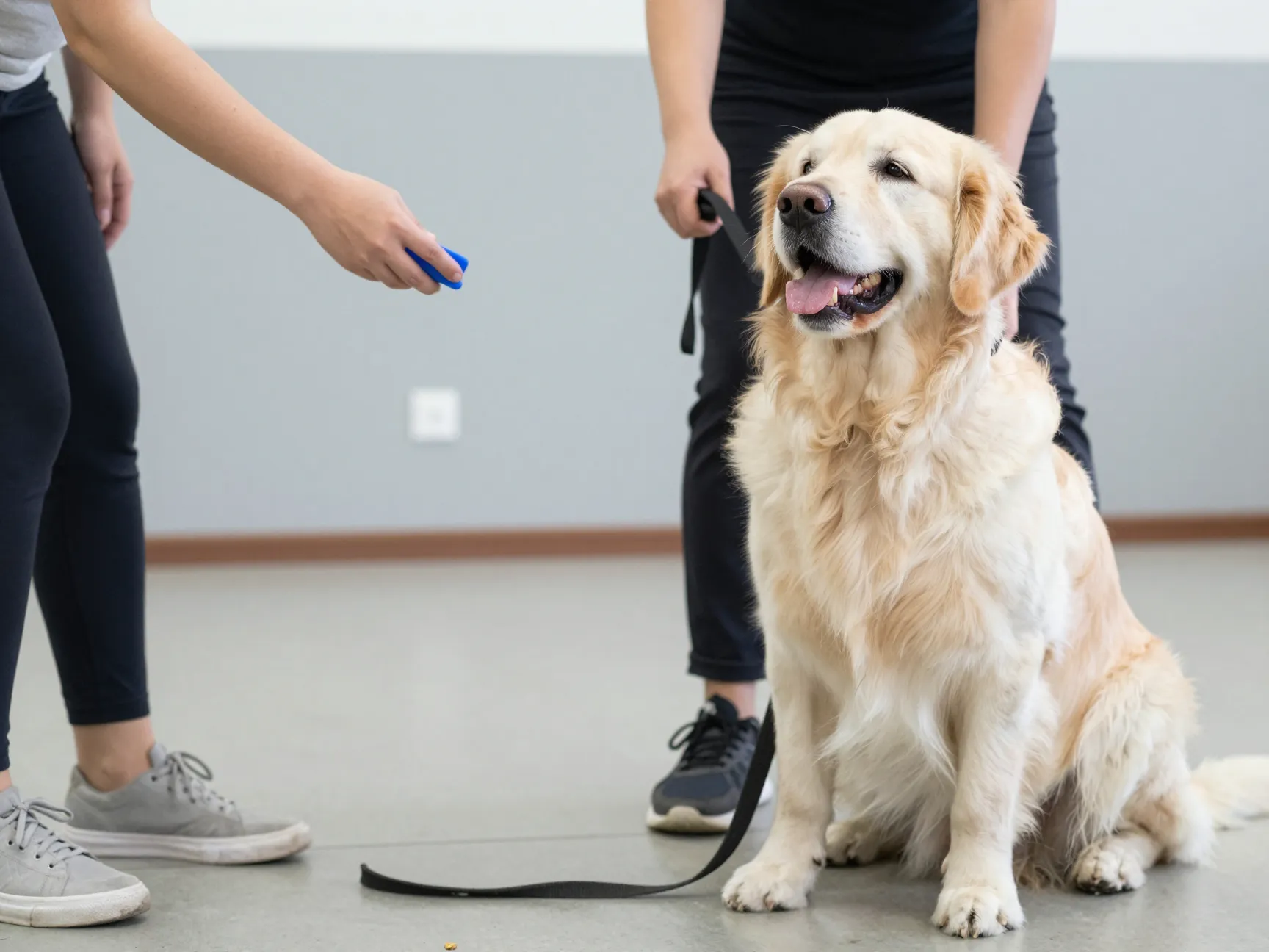 English cream golden retriever successfully completing obedience training session