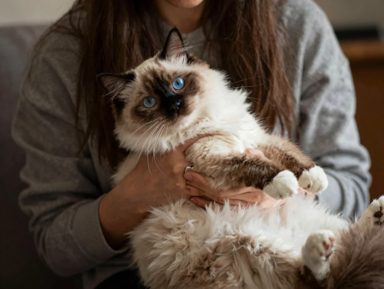 Ragdoll cat goes limp being held by owner with blue eyes