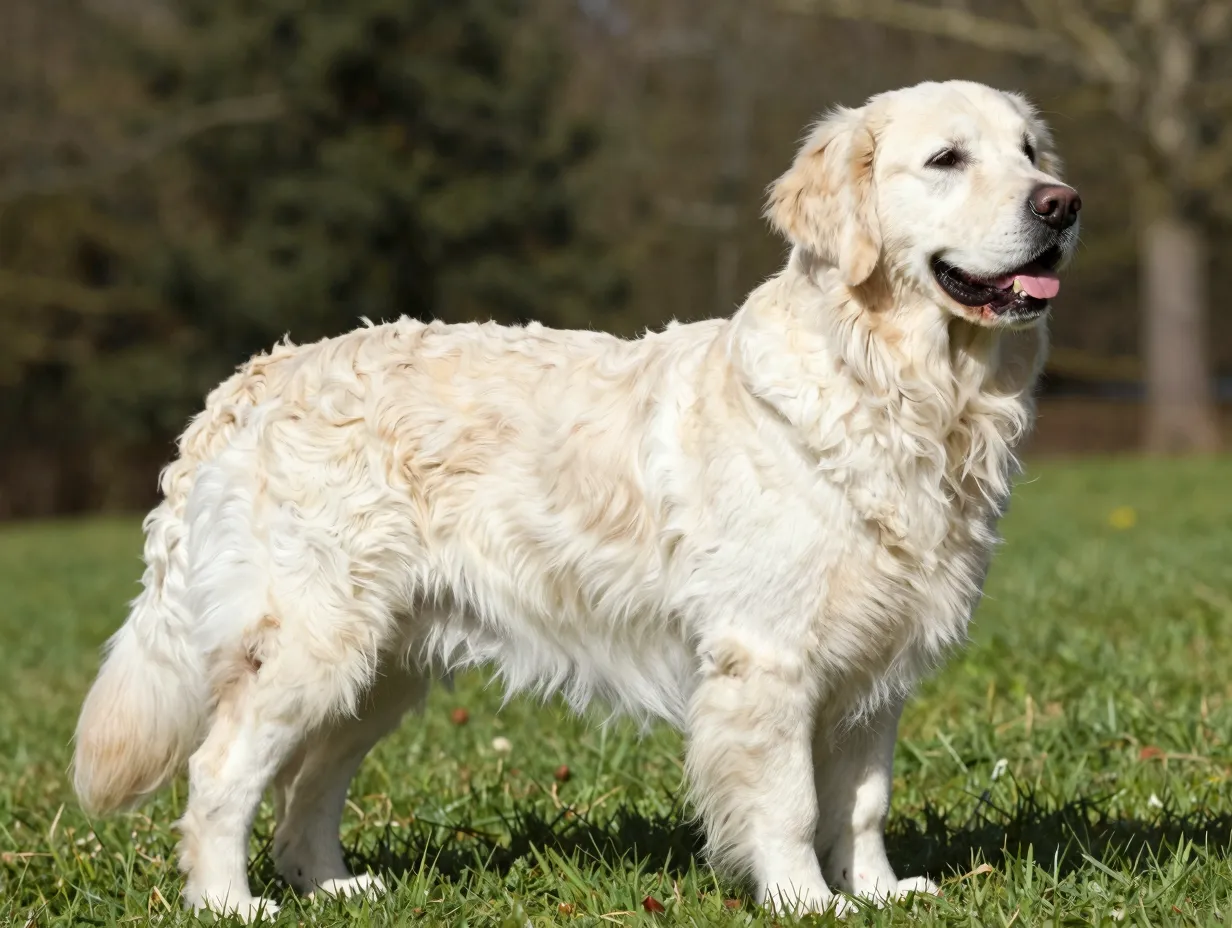 English cream golden retriever showcasing its thick pale cream coat outdoors