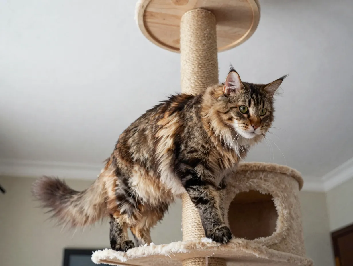 Norwegian forest cat climbs tall cat tree with tufted paws
