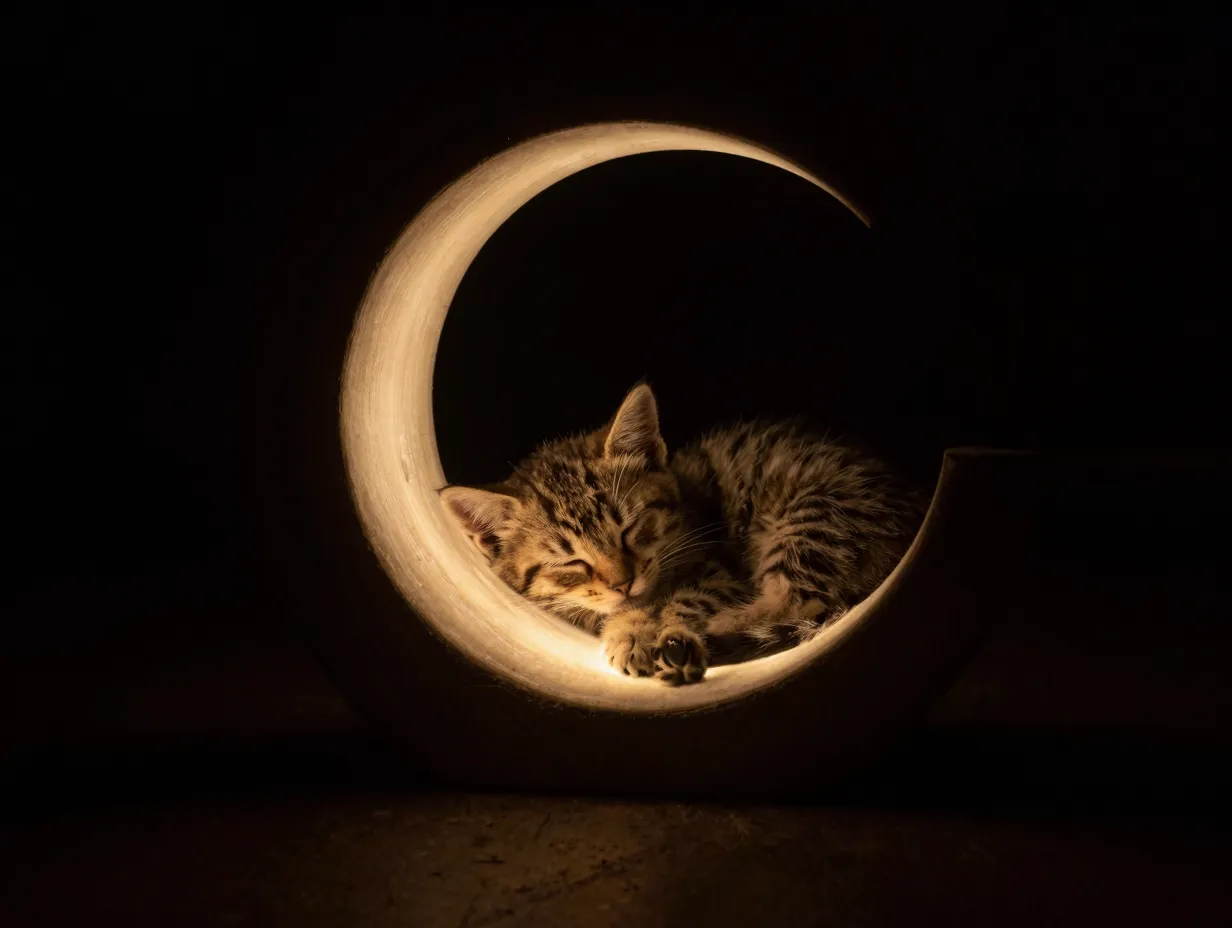 Sleeping kitten curled crescent lit by single warm chiaroscuro beam