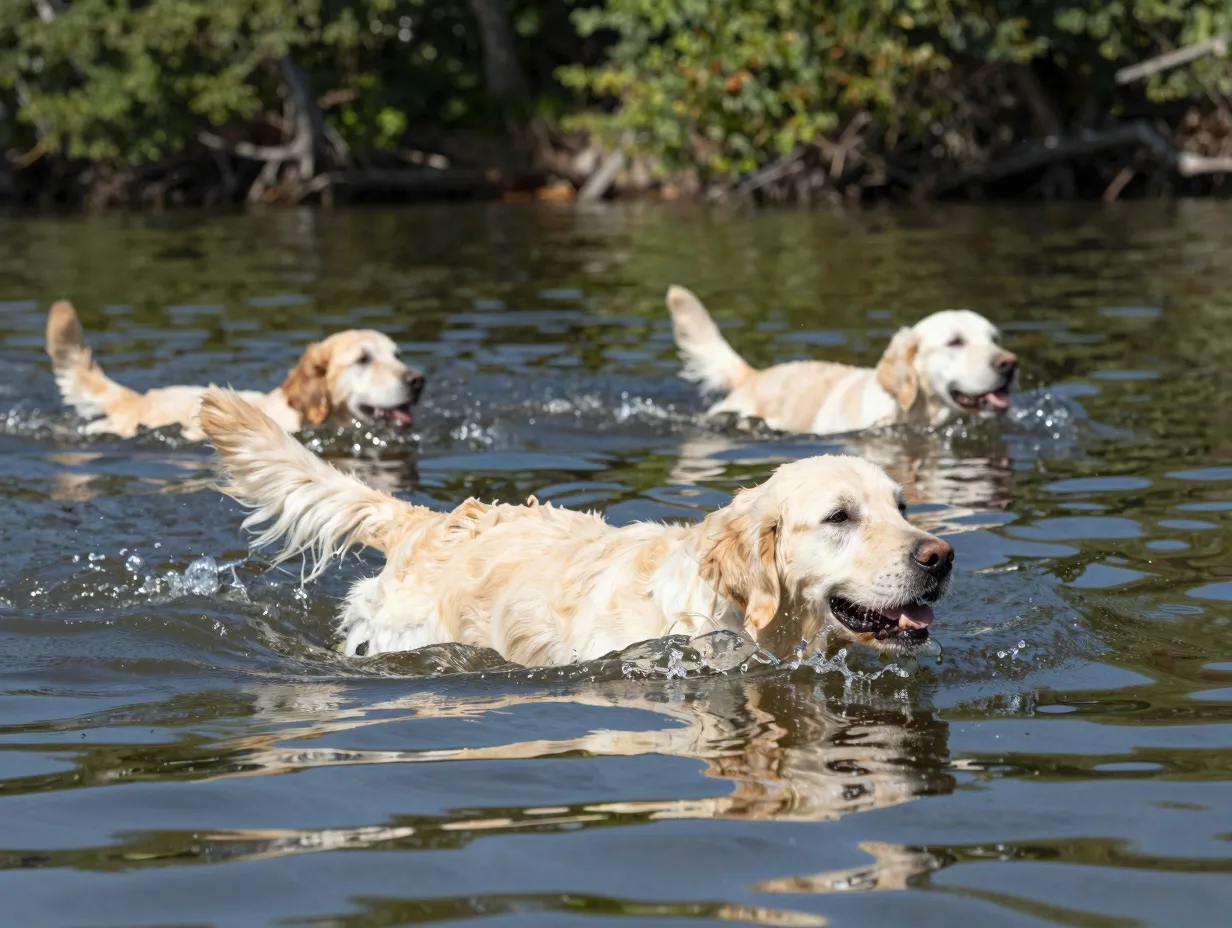 English cream golden retriever swimming in a lake on a sunny day