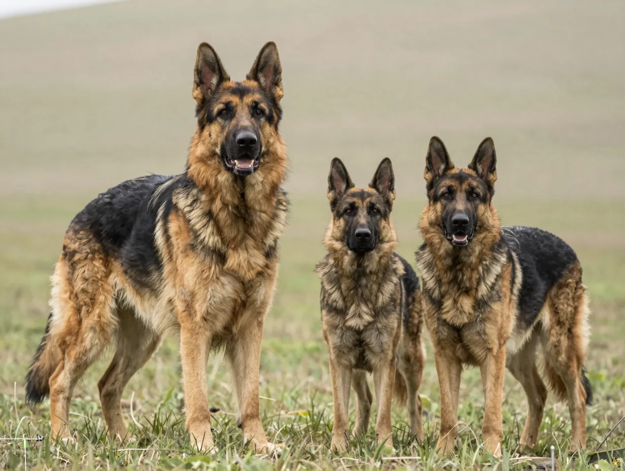 King shepherd hybrid standing next to standard german shepherd