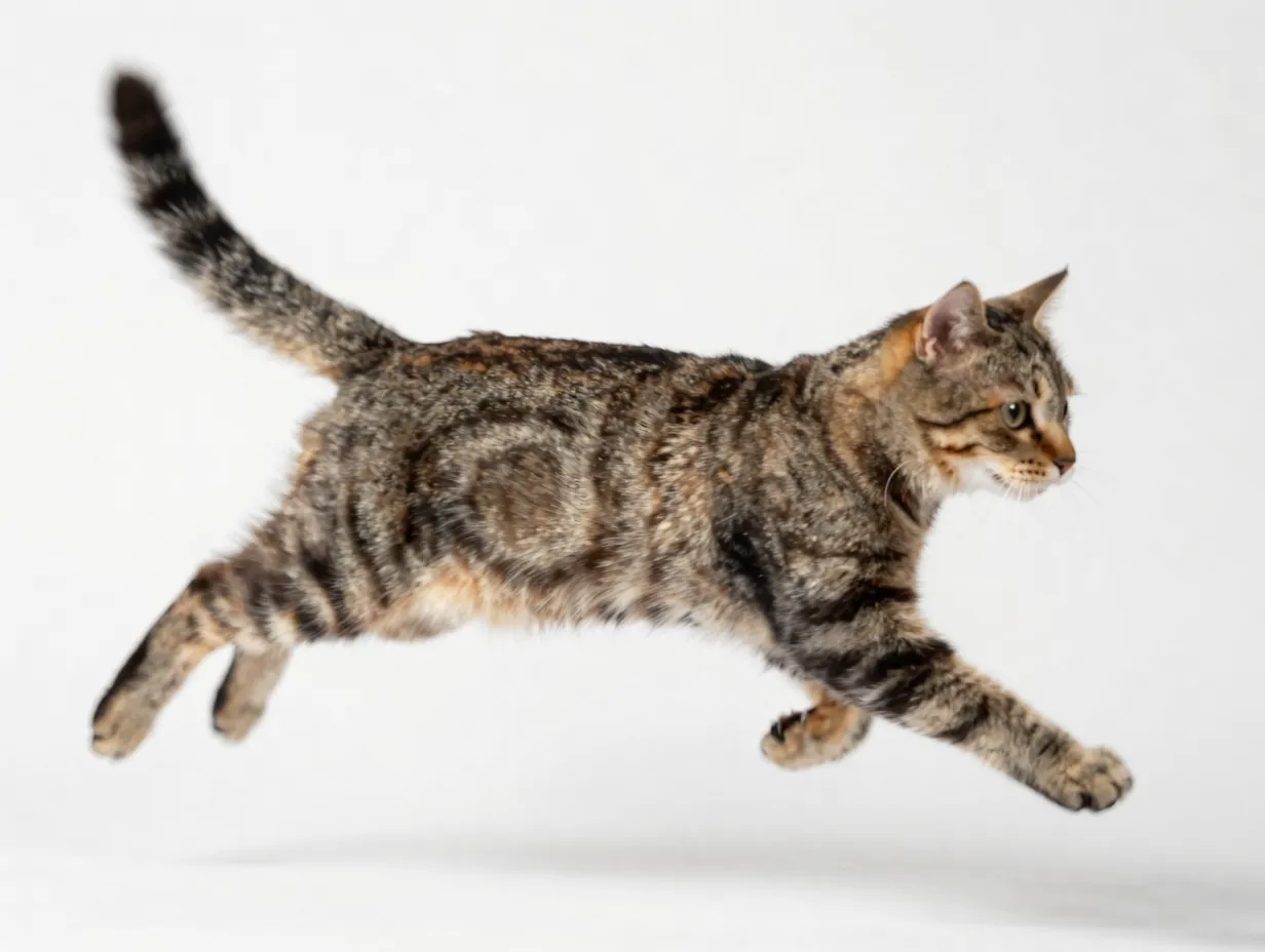 Tabby cat mid leap blurred motion against sharp background futurist