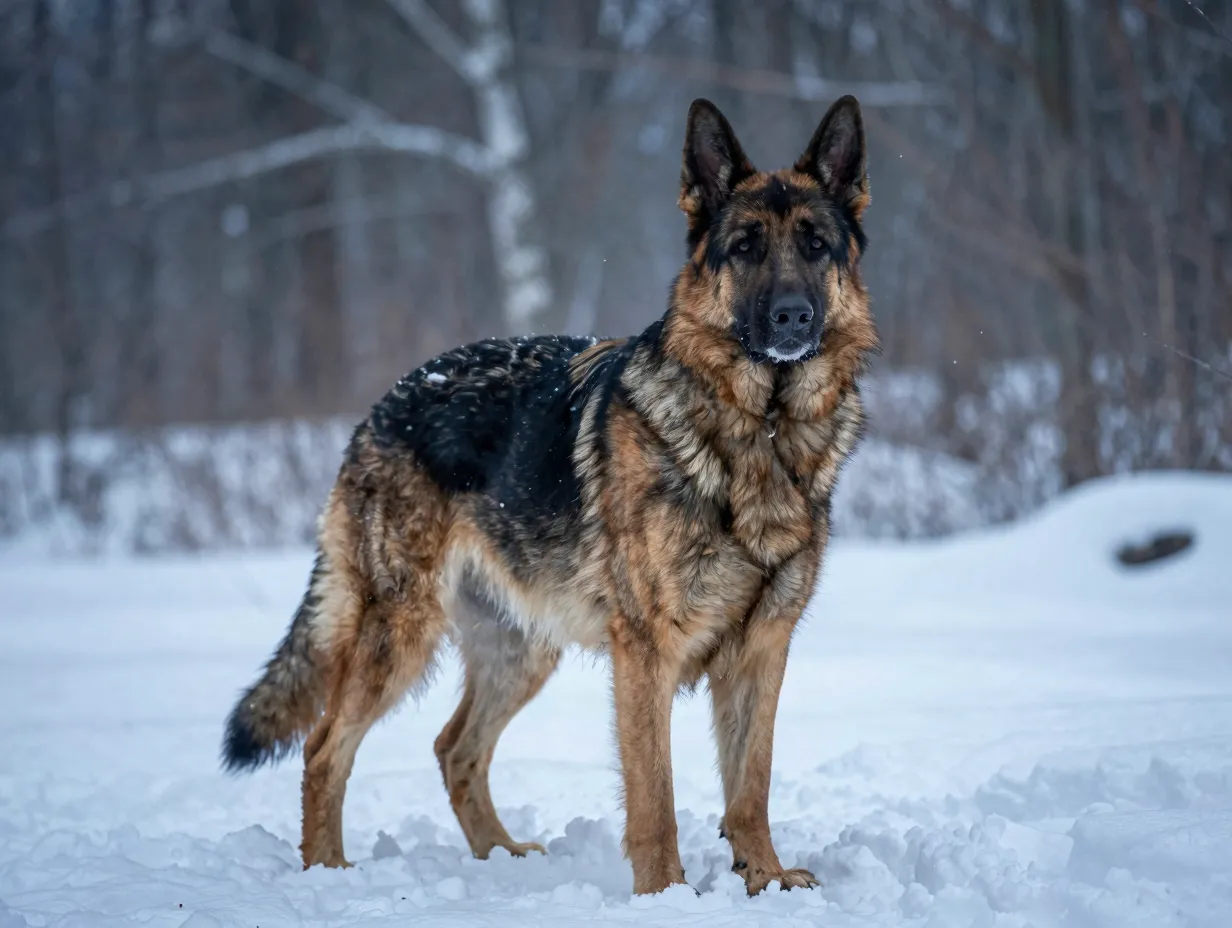 East european shepherd in a cold climate setting