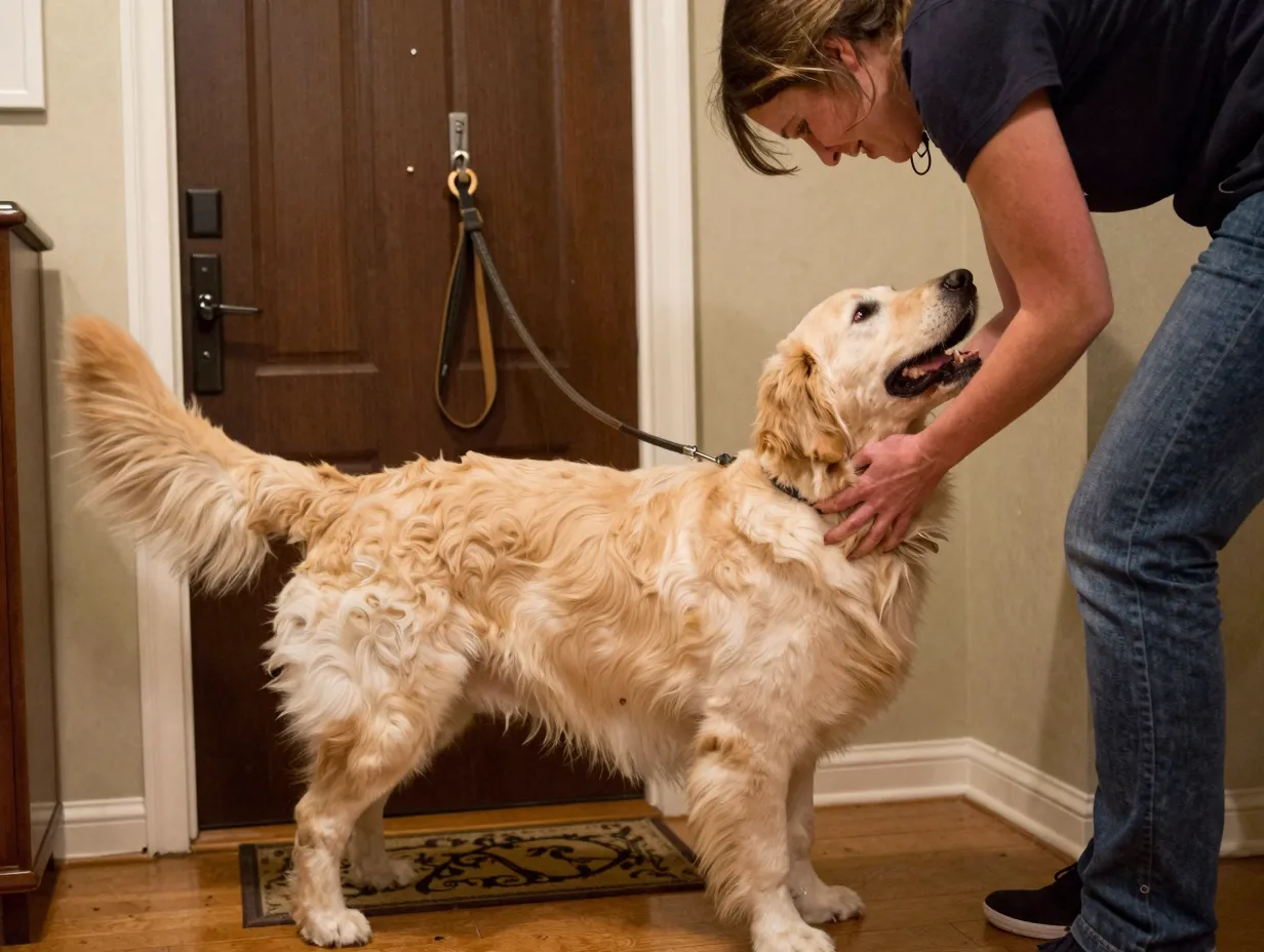 English cream golden retriever greeting owner enthusiastically at the front door