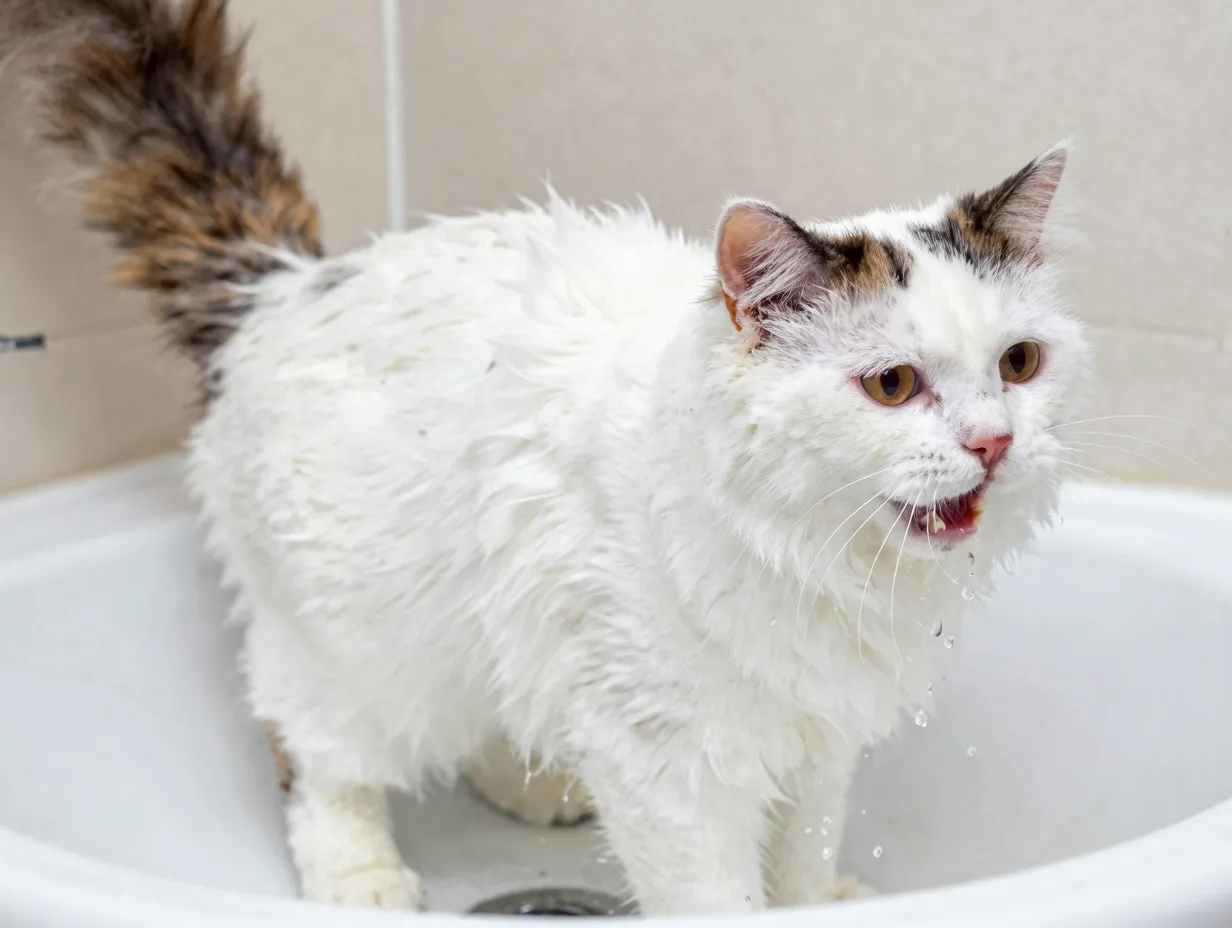 Turkish van cat plays with water in white van pattern coat