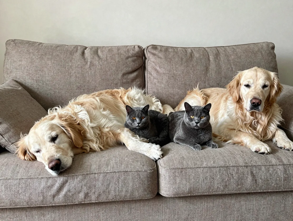 English cream golden retriever coexisting peacefully with a cat on a couch