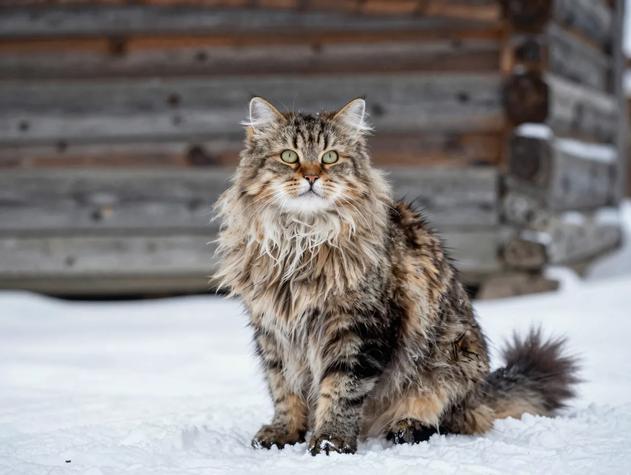 Siberian cat with triple coat sits in wintry russian setting