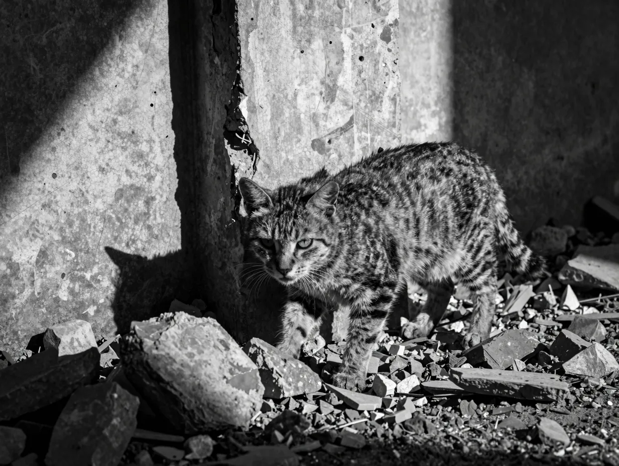 Stray cat in high contrast black white urban decay rubble