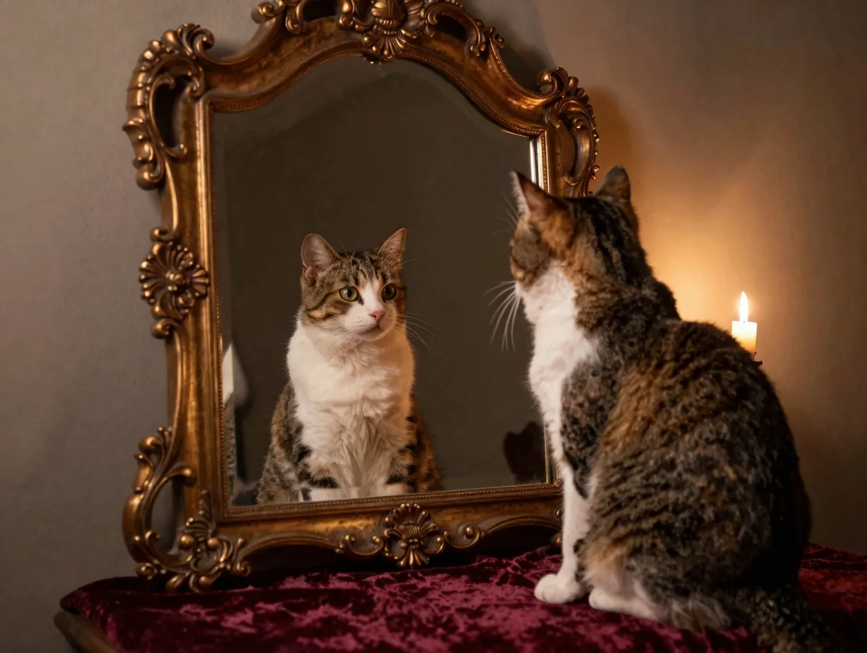 Cat sitting before ornate antique mirror with distorted reflection