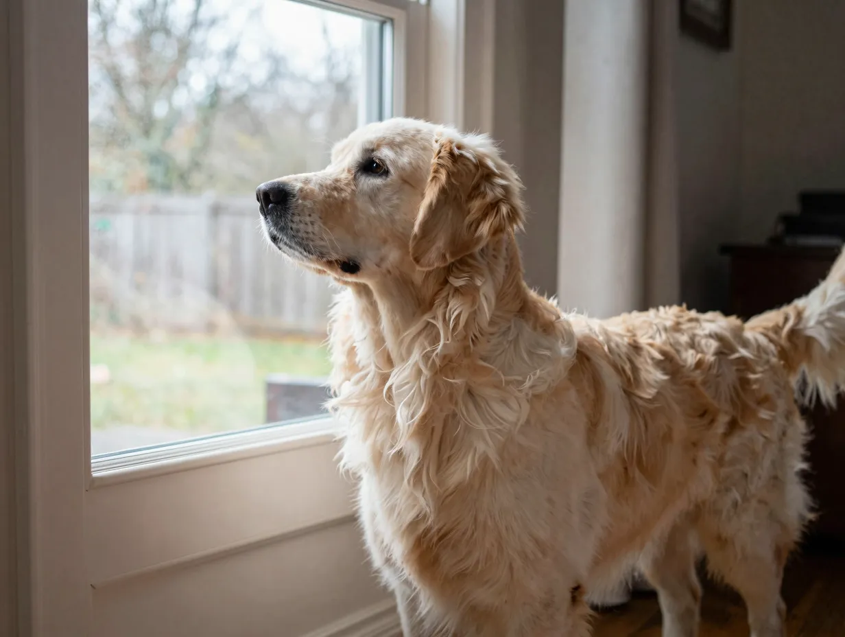 English cream golden retriever alertly watching out a front window