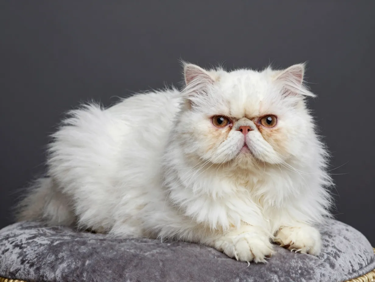 Persian cat lounges regally with dense plush coat and flat face