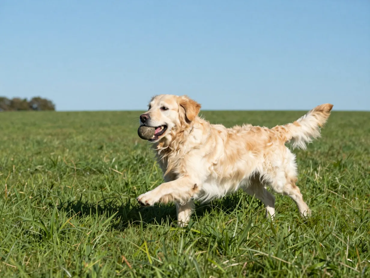 Healthy english cream golden retriever playing fetch in a green field