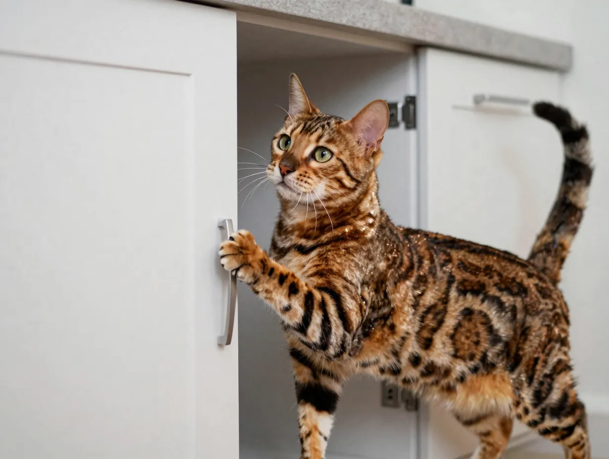 Bengal cat opens cabinet door with glittered rosette coat pattern