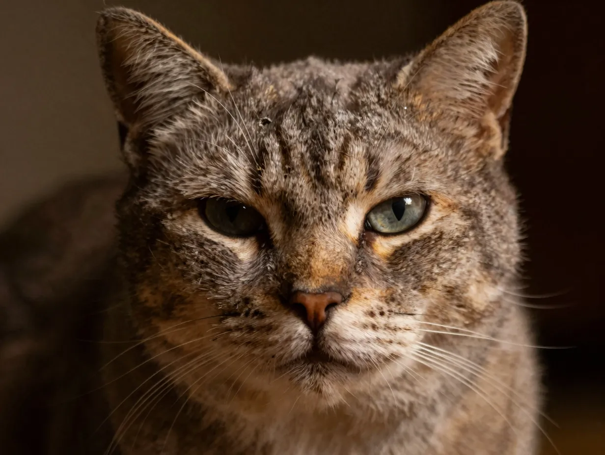 Close up portrait of very old cat with grey muzzle in warm low key light