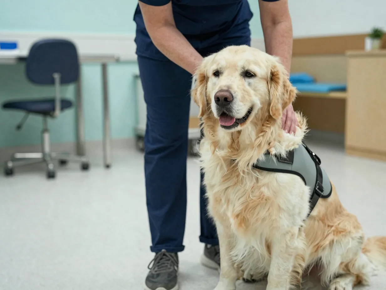English cream golden retriever working calmly as a therapy dog in a facility