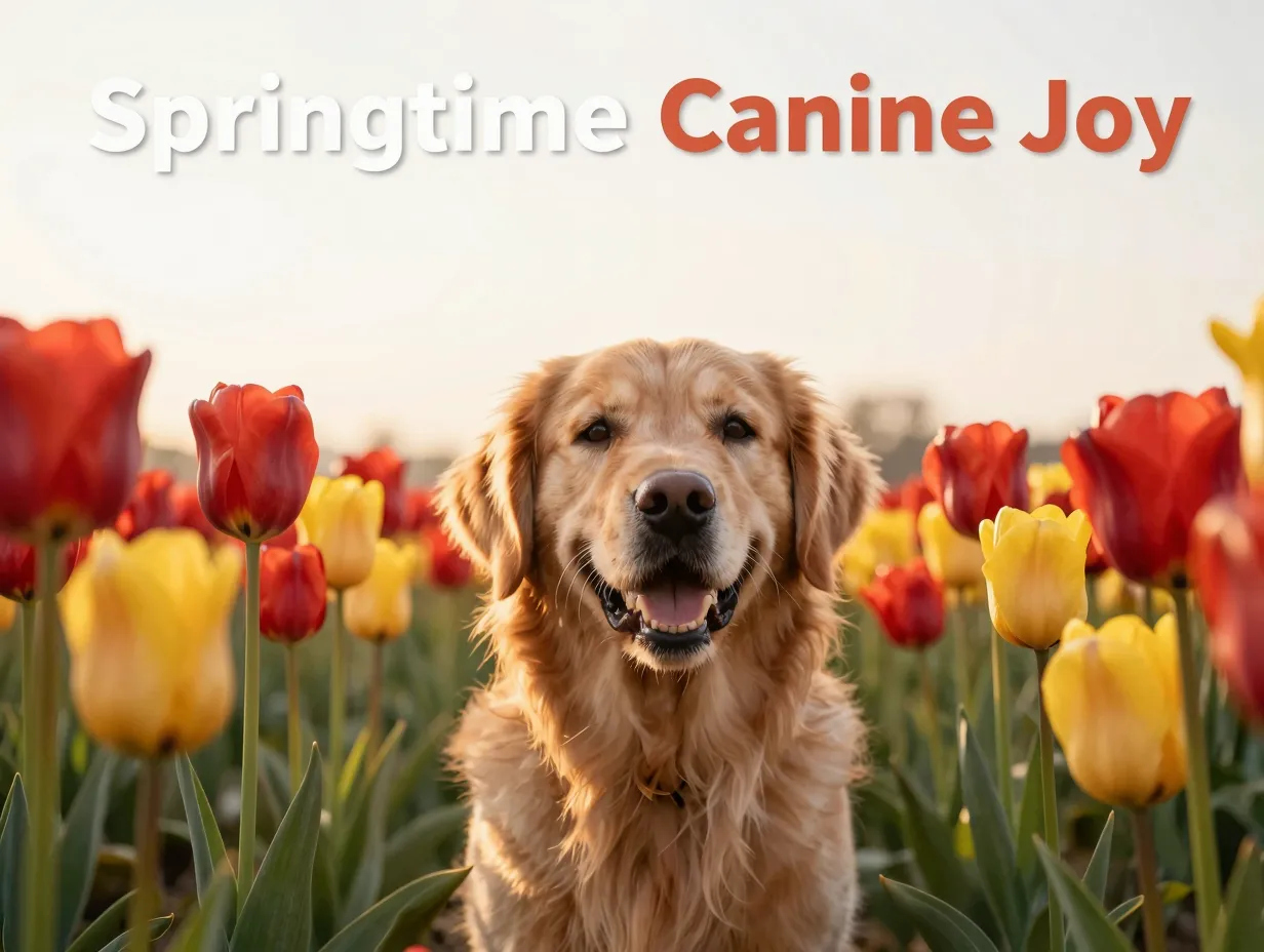Golden retriever tulip field spring morning low angle portrait