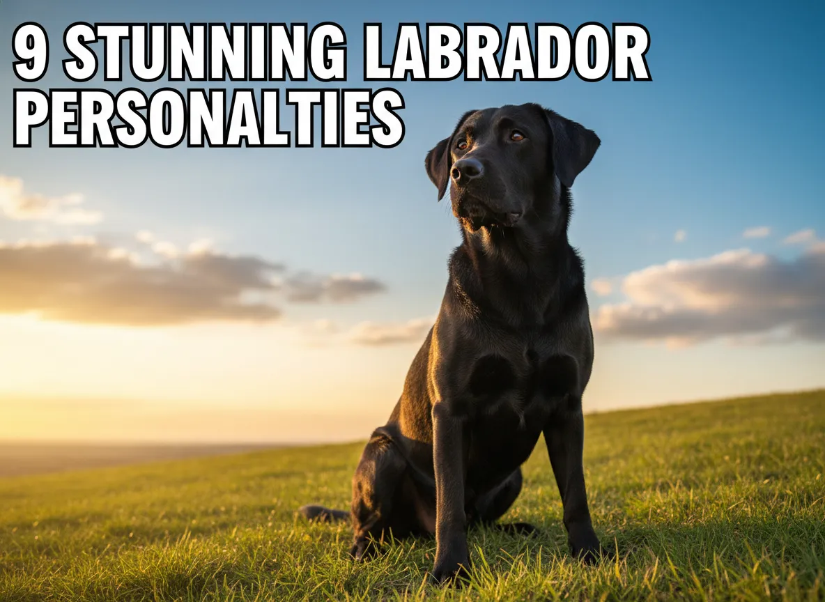 Heroic black labrador on hill golden hour glossy coat expressive eyes