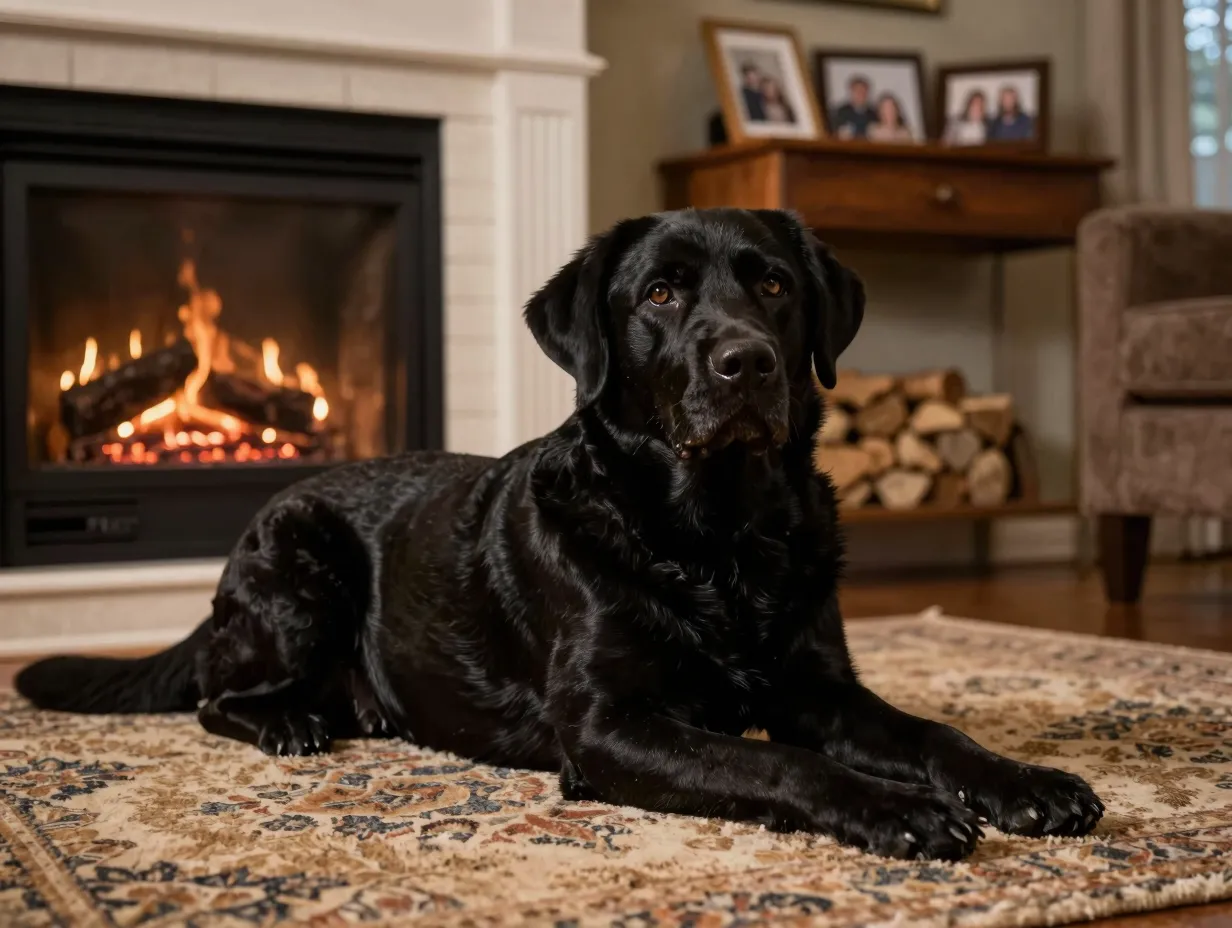 Devoted black labrador family companion resting by warm indoor fireplace