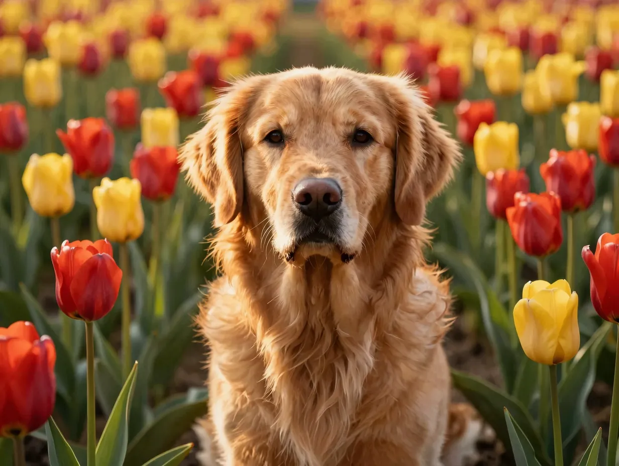 Golden retriever gazing warmly in a sunlit tulip field