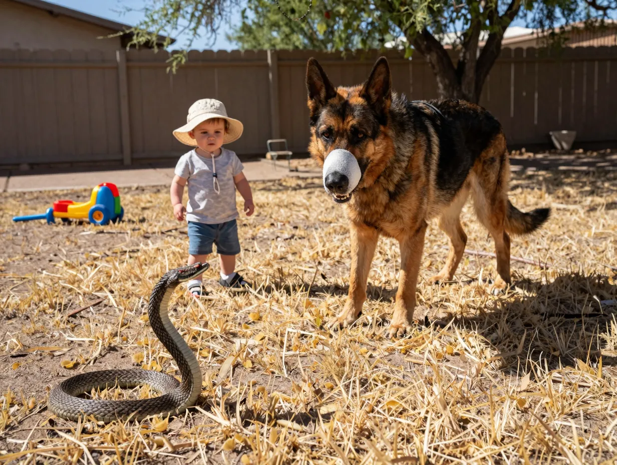 Max arizona shepherd protects toddler from rattlesnake in backyard