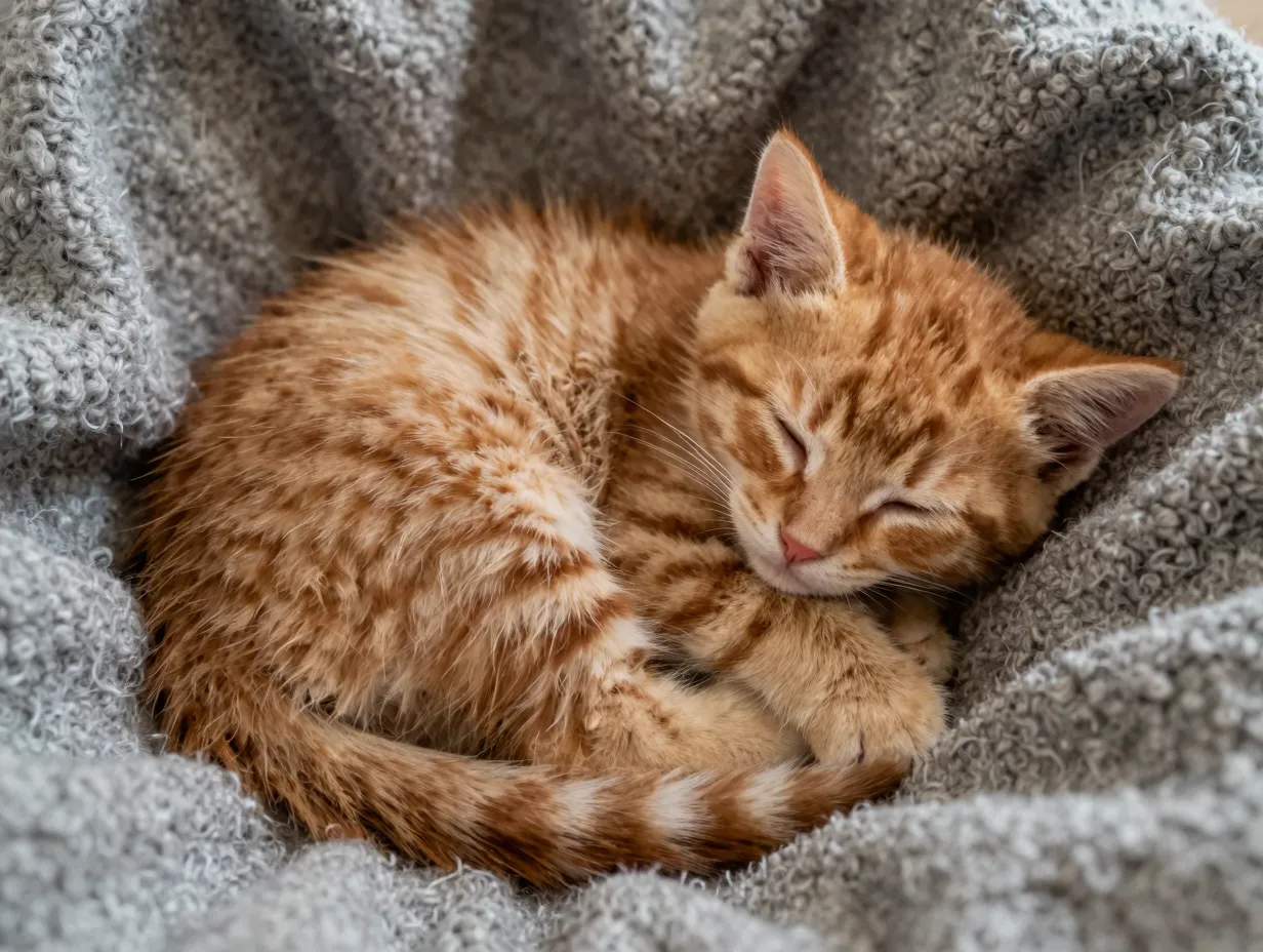 Tiny ginger kitten sleeping curled in ball on soft wool blanket