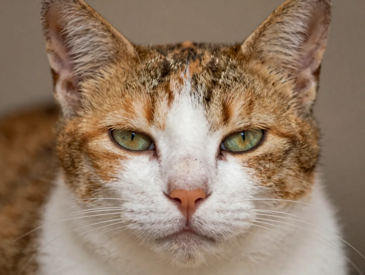 Calico cat giving slow blink close up with direct eye contact