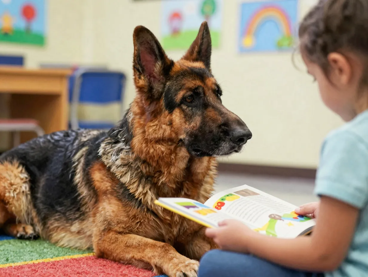 Luna therapy dog listens to child reading in elementary school