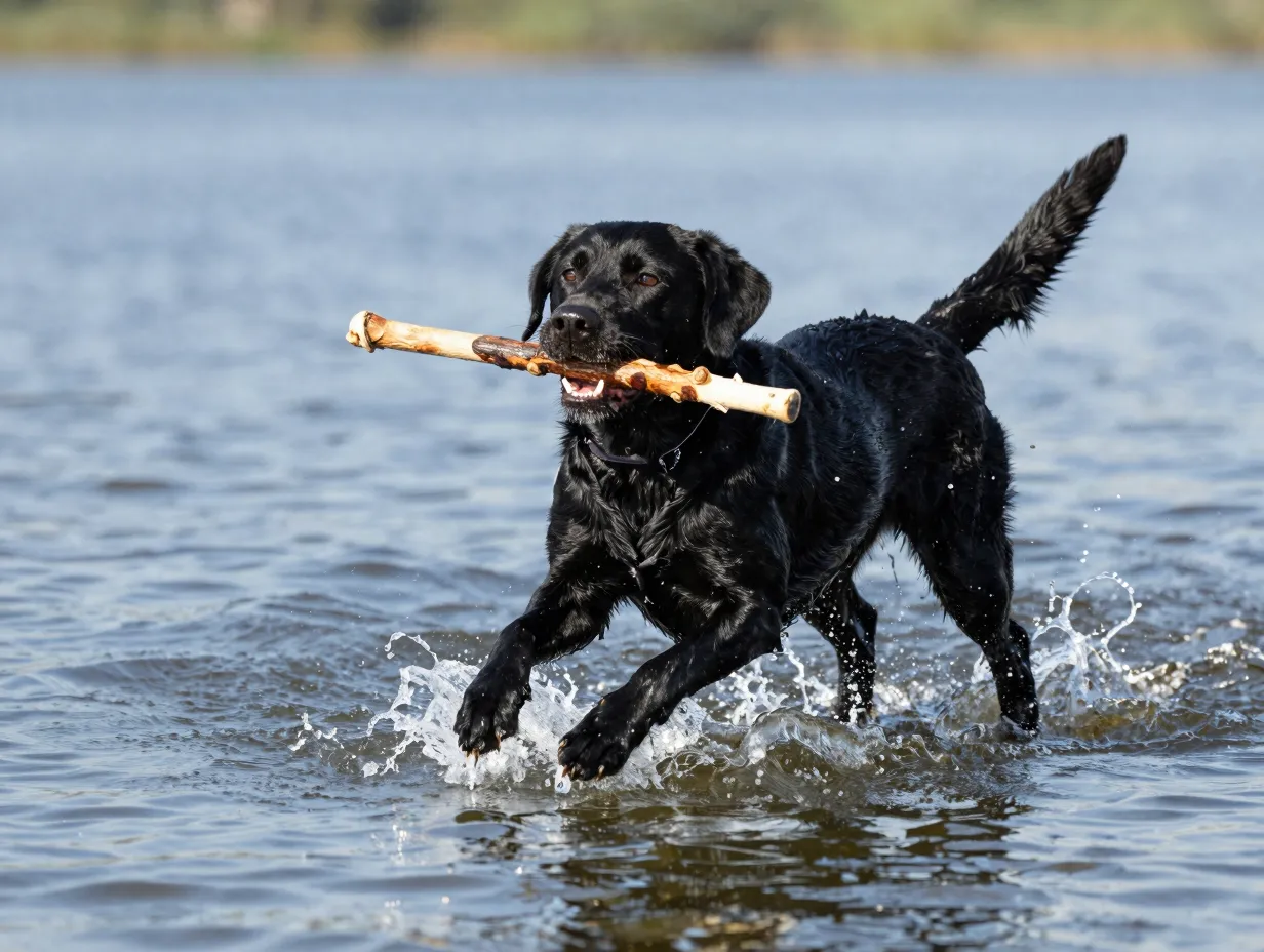 Tireless working retriever black labrador fetching stick from lake