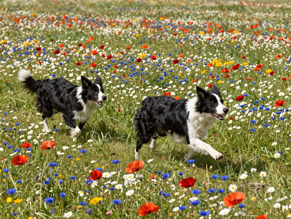 Black and white border collie running through a wildflower meadow