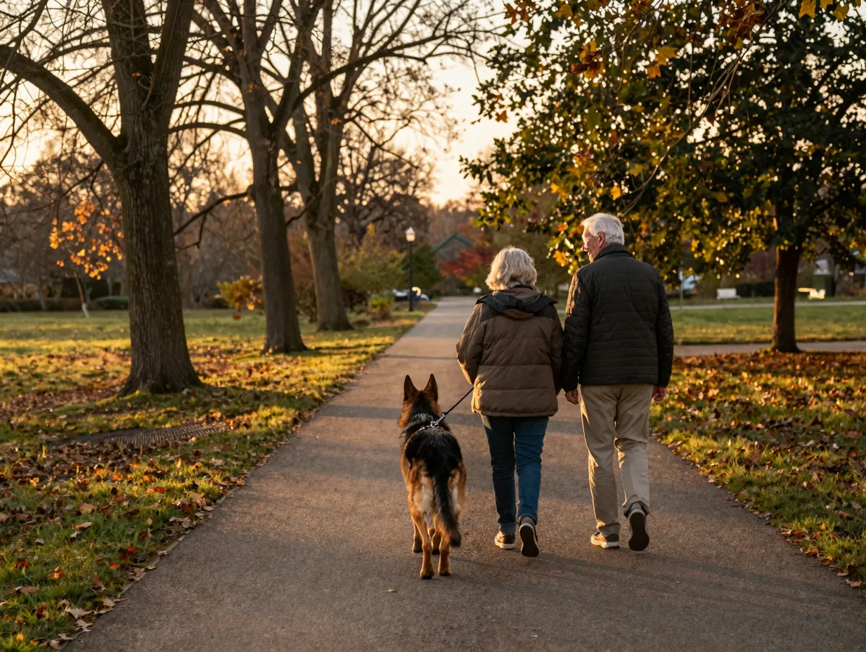 Bruno senior german shepherd enjoys peaceful walk with elderly couple