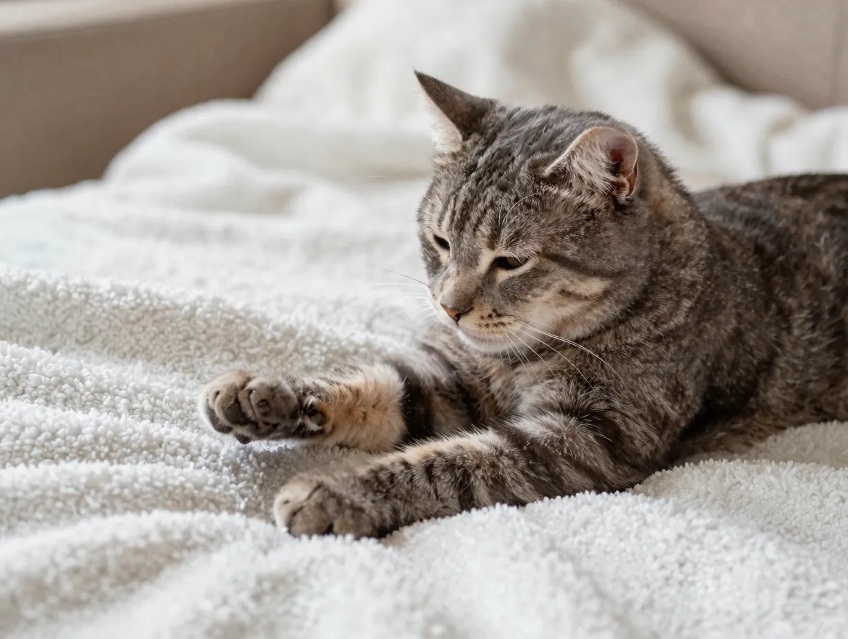 Gray tabby cat rhythmically kneading paws on fluffy white blanket